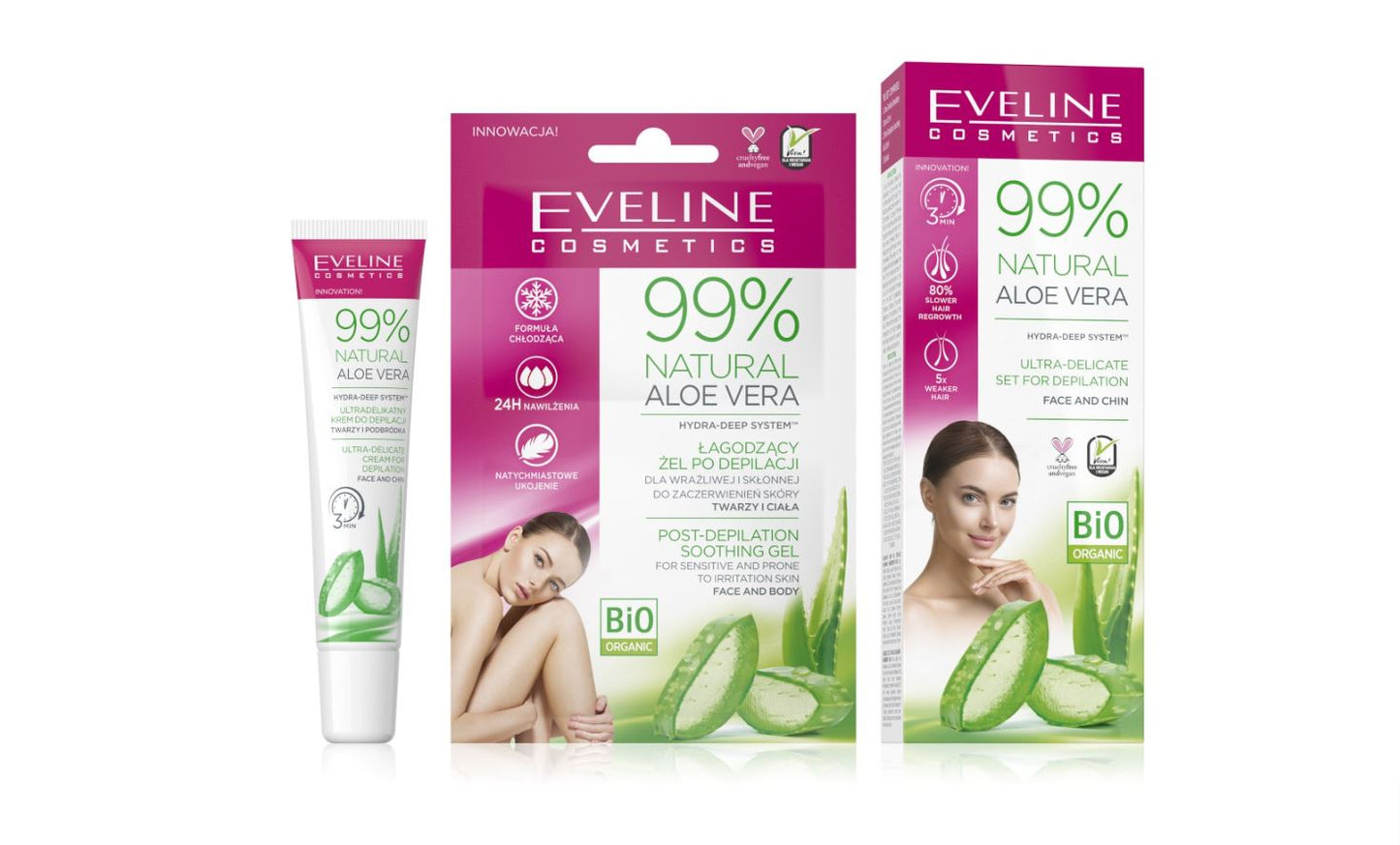 Set pentru depilare a fetei, crema depilatoare si gel calmant,  99% Natural, Aloe Vera